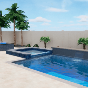 3D Landscape Design Rendering for Pools an inground pool with a spa pouring water with an outdoor fire pit and palm trees in background